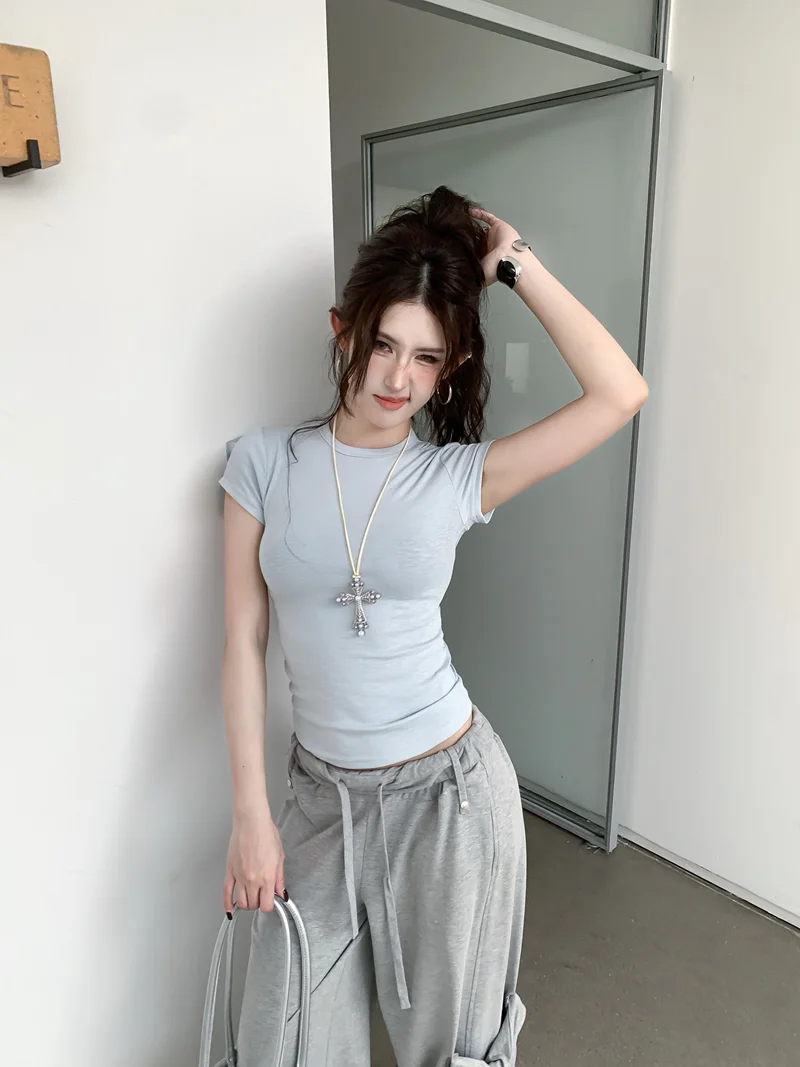 

Slim Fit Blue round Neck Short Sleeve T-Shirt Women's Fashionable Summer Hot Girl Short Waist-Cinching Top Simple Style Knitted