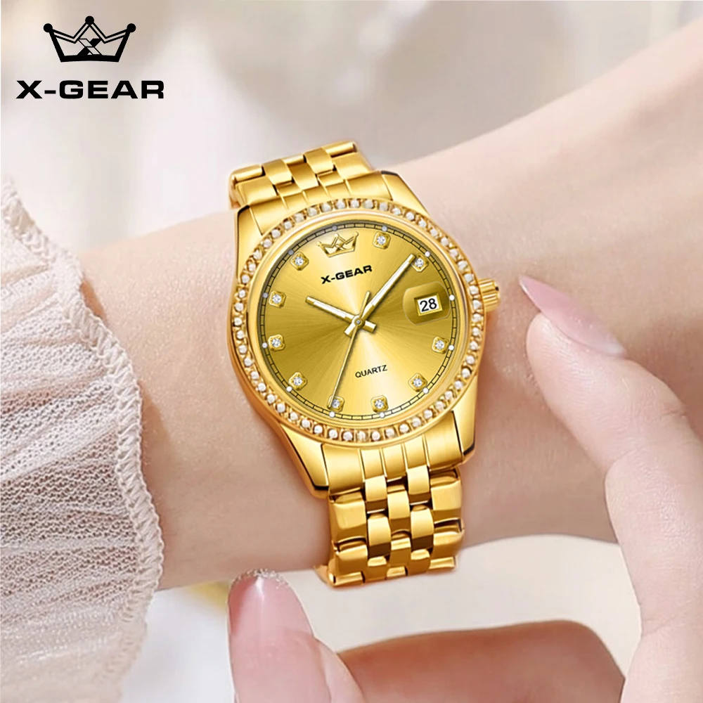 

X-GEAR Women's Fashion Light Luxury Diamond Inlaid Watch Waterproof Calendar Quartz Watch Elegant Business Clock Reloj
