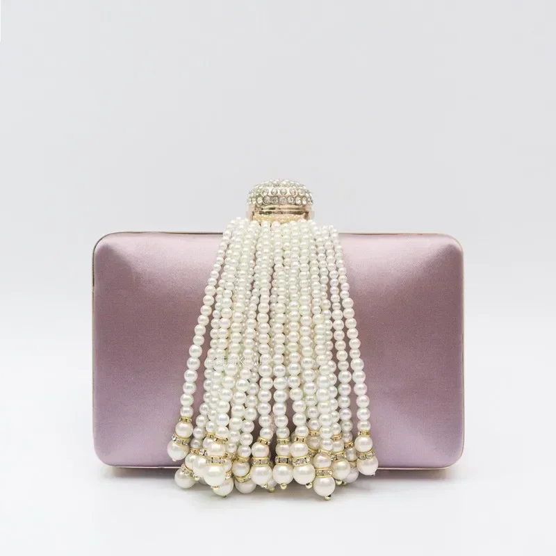 Women Pearl Tassel Satin Evening Bag Wedding Prom Party Sweet Hand Bags Luxury Diamond Hasp Clutch Vinho Ladies Elegant Purses