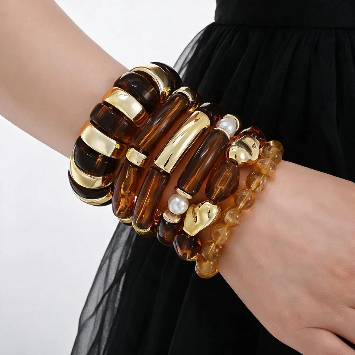 6Pcs/Set Vintage Irregular Smudging Coffee Beaded Resin Bangles Set for Women Fashion Geometric Acrylic Bracelet Jewelry Gift