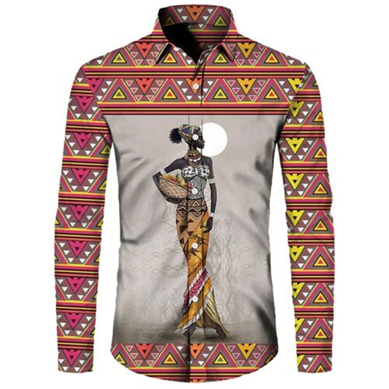 Ethnic Style African Girl 3D Print Long Sleeve Button Shirts For Men Women Dashiki Folk Custom Vintage Tops Couple Clothes Shirt