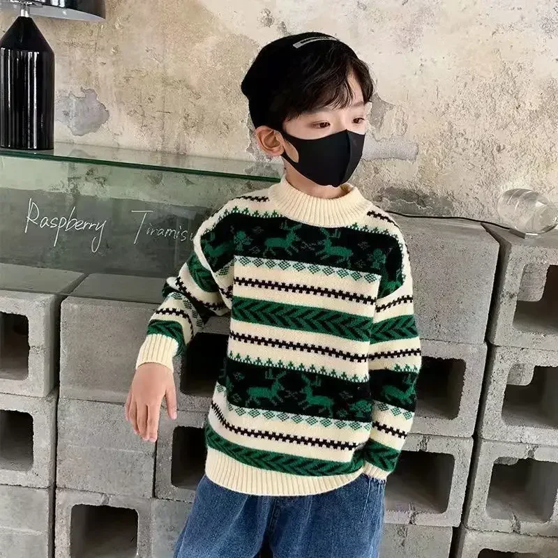 

Корейская детская одежда 2026: Детский рождественский свитер для мальчиков 8-15 лет, осенне-зимний вязаный свитер