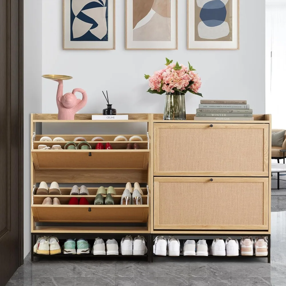 Shoe Cabinet Set of 2, Wooden Narrow Shoe Racks Cabinet Storage with 2 Flip Drawers, Hidden Freestanding Shoe Cabinet