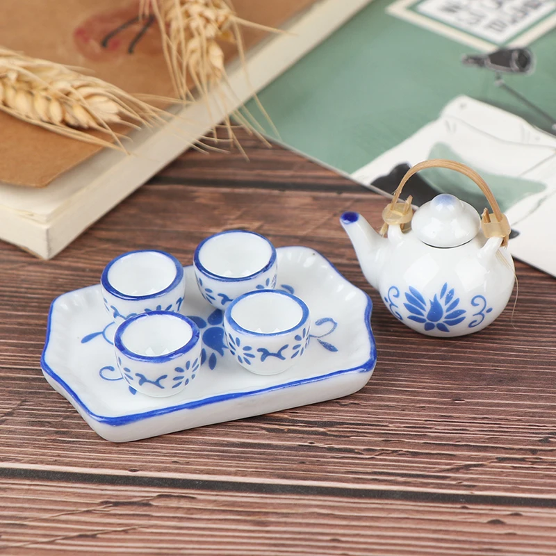 6Pcs Dollhouse Play Toy Gift Game Miniature Dining Ware Blue Porcelain Tea Set Ceramics Dishes Cups Plates Set