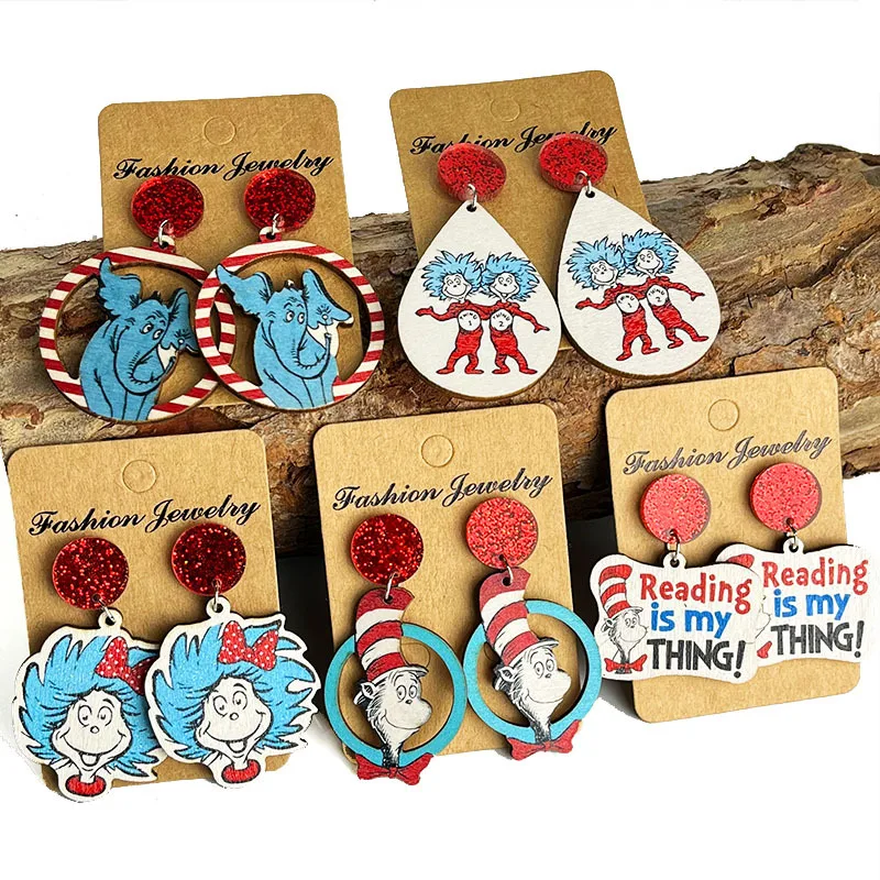 Sparkling red earrings for teachers to read fun gentlemen\'s hats for cats  wooden printed earrings for teachers students jewelry