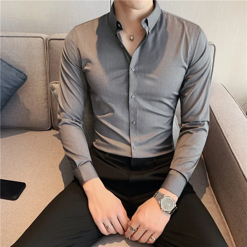 British Style Mens Shirt Long Sleeve 2024 New Solid Casual Slim Fit Formal Dress Camisas Fashion Men Clothing Oversized 7XL-S