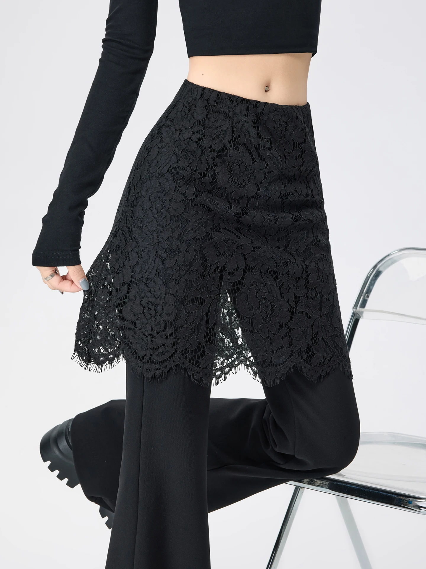 

High Waist Slim Fit Micro Flared Pants Women's Spring Autumn 2026 New Style Lace Paneling Elastic Floor Length Skirt Pants