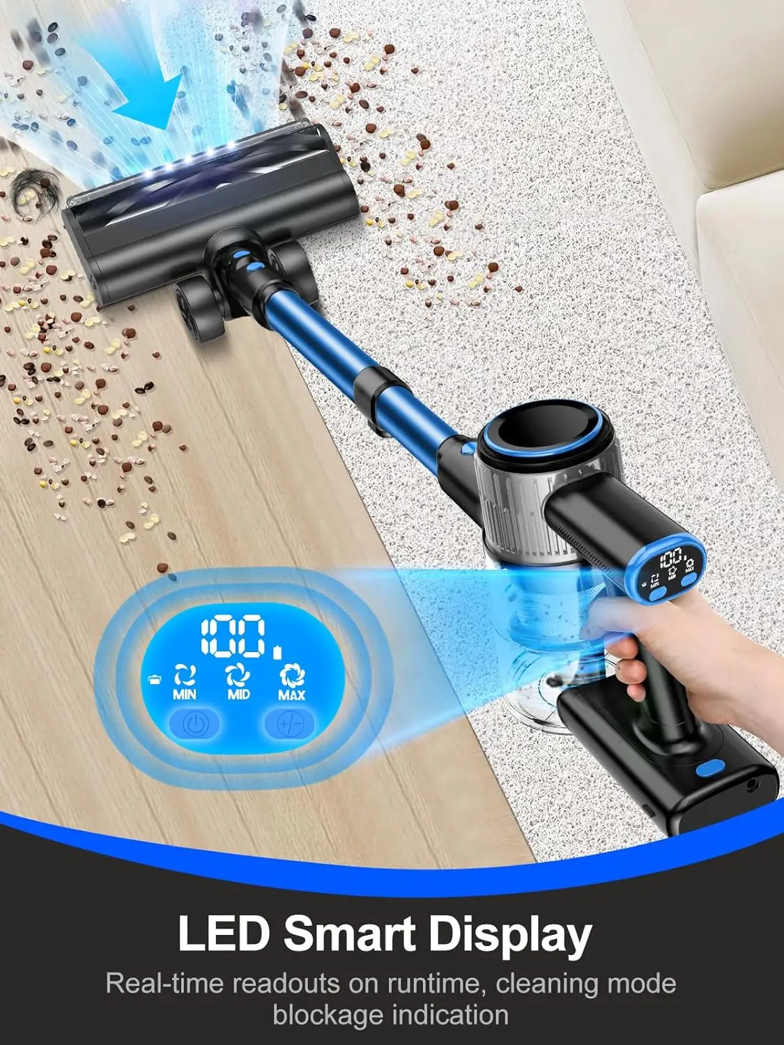 مكنسة كهربائية لاسلكية، مكنسة كهربائية 8 في 1 مع شفط قوي 40 كيلو باسكال، مكانس كهربائية خفيفة الوزن وقت التشغيل 45 دقيقة للمنزل