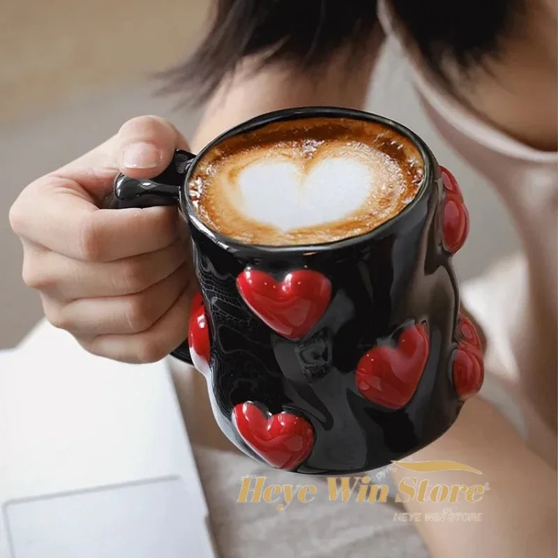 3D Heart-shaped Design Vintage Ceramic Mug, Cute Large Capacity, 3D Embossed Coffee Cup, Kitchen Drinkware Set