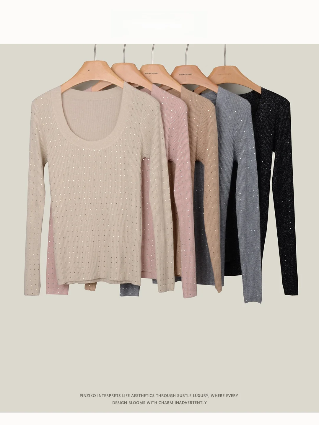 

PINZIKO Ele Sle U-Ne Knitted Sweater Heavy Wool Blend Slim Fit Ladies Faion Casual Wear Long Sve V-Ne Design