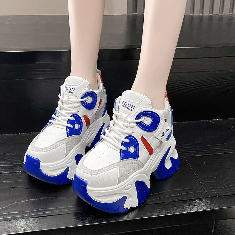 Women Walking Sneakers 2023 Autumn Lace-up High Platform Chunky Shoes Breathable Leather Shoes 10.5CM Wedge Heels Casual Shoes