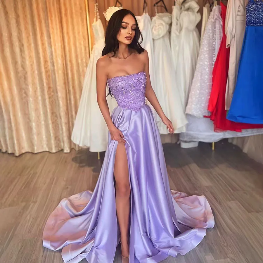 Shiny Strapless Evening Dress Silk Purple Prom Dress 2025 Glitter Sequins On Chest Party Dress Sexy Side Split Prom Gown Custom