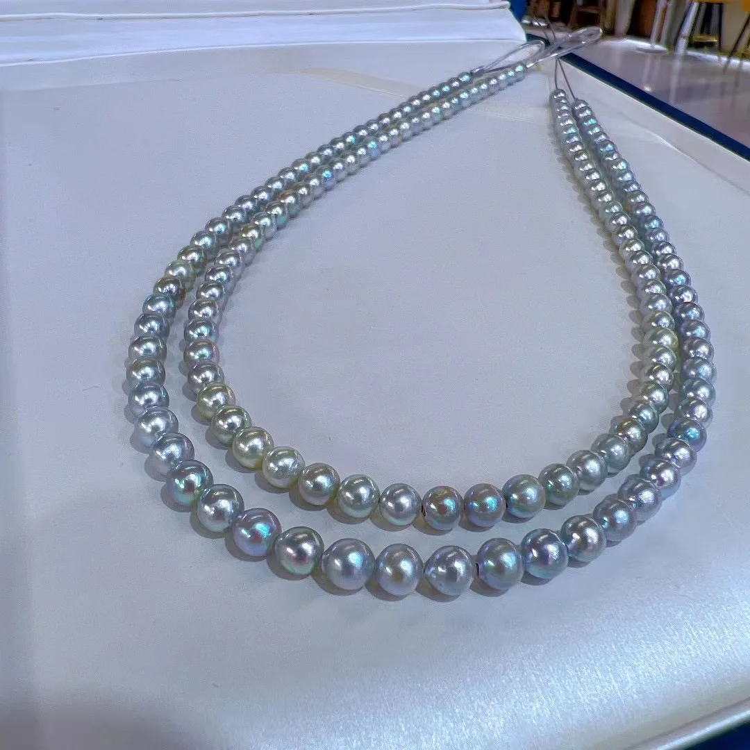 5-5.5mm Saltwater Akoya Silver Blue Pearl Necklace, Slight Baroque Near Round 925 Silver, Elegant Pearl Jewelry Gift for Women
