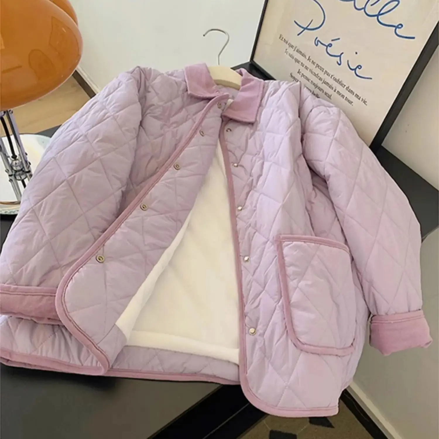 Giacca trapuntata da donna chic con colletto con risvolto viola Autunno Inverno Velluto caldo monopetto Cappotto corto Capispalla femminile