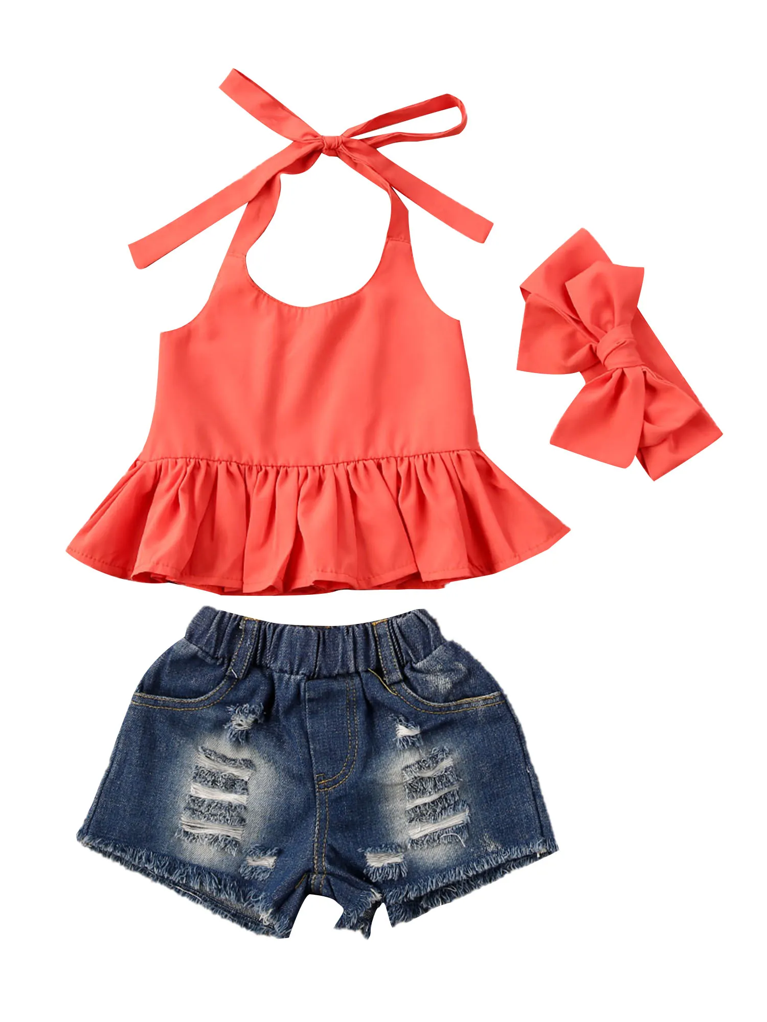 

Adorable Toddler Girls Three-Piece Set Sleeveless Top Elastic Shorts and Cute Headband for a Stylish Look