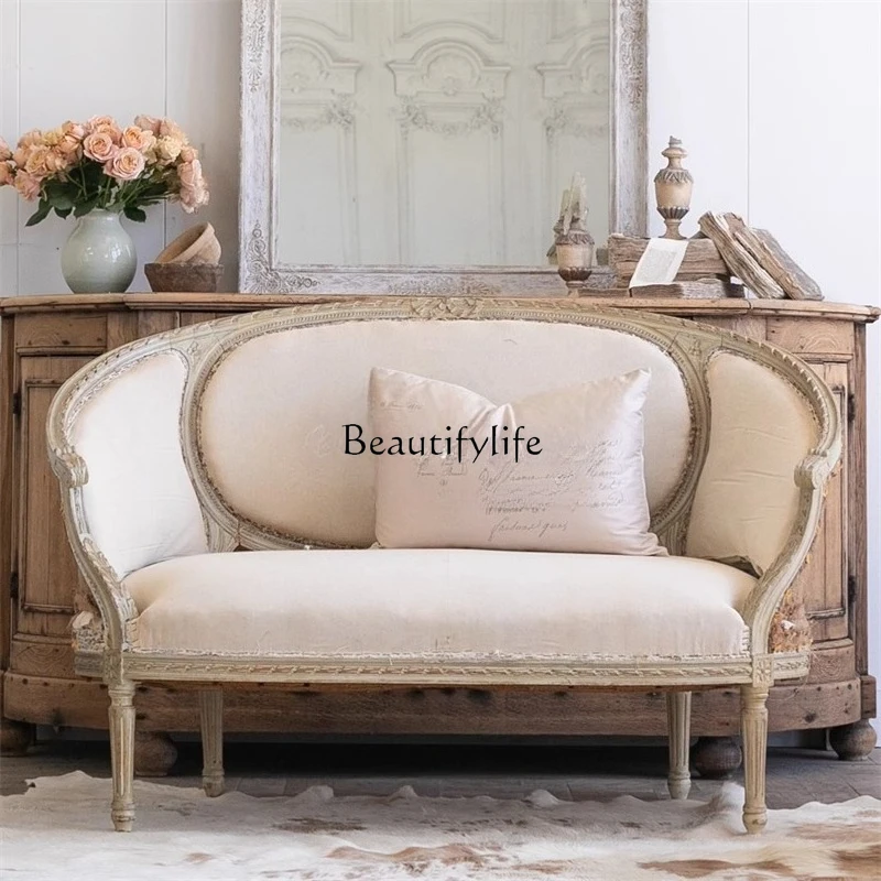 

3French retro old solid wood double sofa chair European leisure chair fabric soft bag