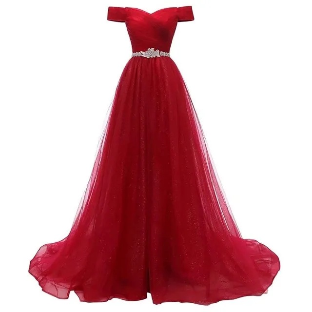 

ANGELSBRIEP Red Evening Dresses Off Shoulder Formal Prom Gowns Vestidos De Festa Sash Sleeveless Train Tulle Long Party Dress