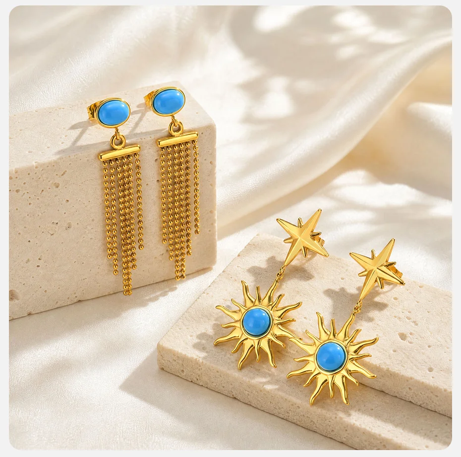 Vonx Sun Türkisfarbene Hängeohrringe für Damen, Edelstahl 18K vergoldet, lange Ketten-Quasten-Ohrringe, Boho-Strandschmuck – Detail 6