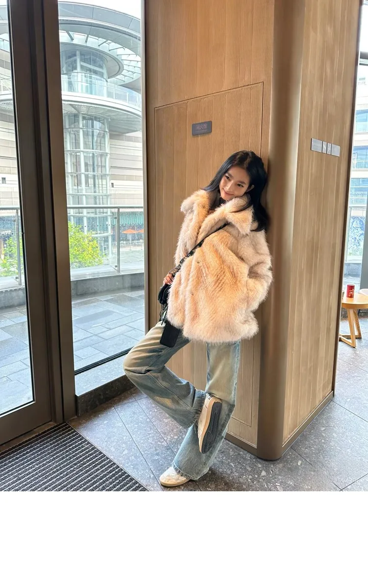 Winter Women Gradient White With Black Tips Long Hairy Shaggy Fox Faux Fur Coat Lapel Collar Midi Long Straight Shaggy Outerwear