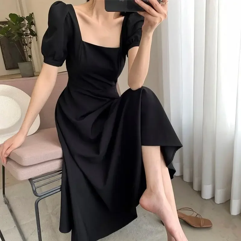 

Black Dress Women's New Square Collar Knee-Length Dress Woman Dress Vestido De Mujer Femme Robe