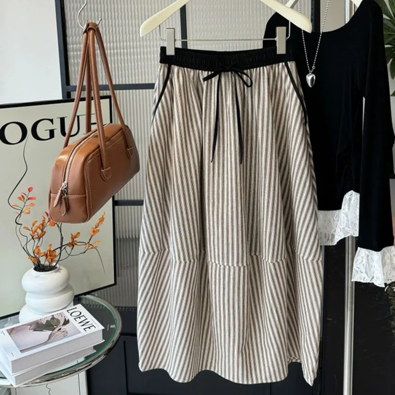 Retro Striped Drawstring Skirts for Women High Waist Slimming Midi A-Line Skirts Female Clothes Casual Summer Bloom Long Skirts