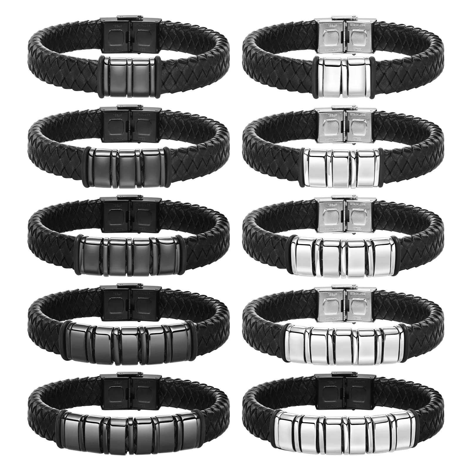 Custom Beaded Braided Bracelets For Men Leather Stainless Steel Black Silver Color Personalized Bangle Name Family Member Gift
