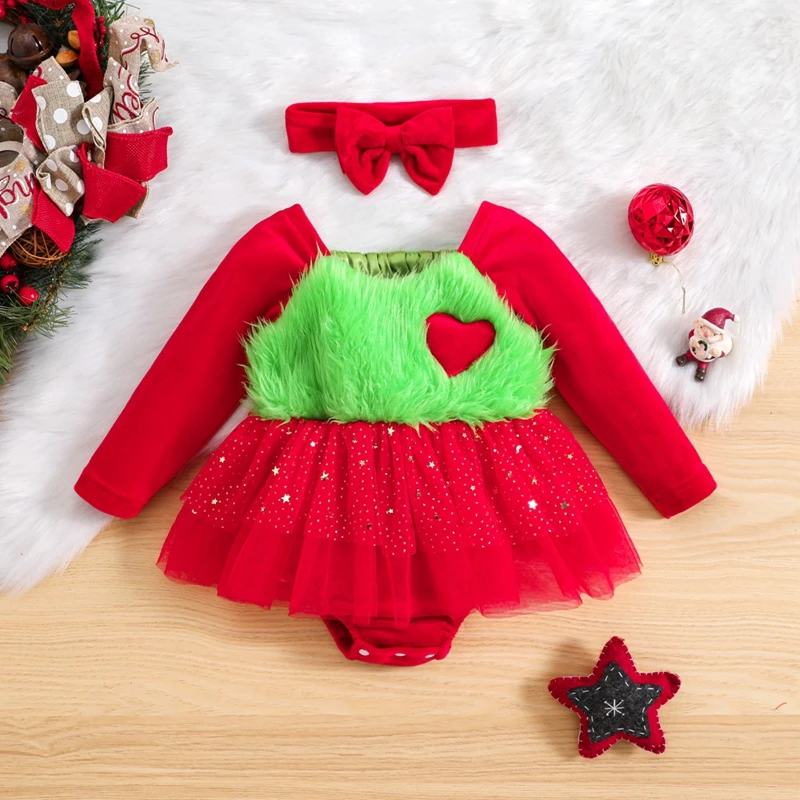 

2023-08-18 Lioraitiin 3M-24M Newborn Baby Girl Christmas Outfits Long Sleeve Sequin Star Romper Dress Headband Xmas Clothes