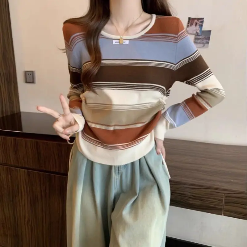 Women Clothing Casual Loose O-neck Long Sleeve Pullover Autumn Winter Fashion Striped Knit Drawstring Sweater Lady All-match Top