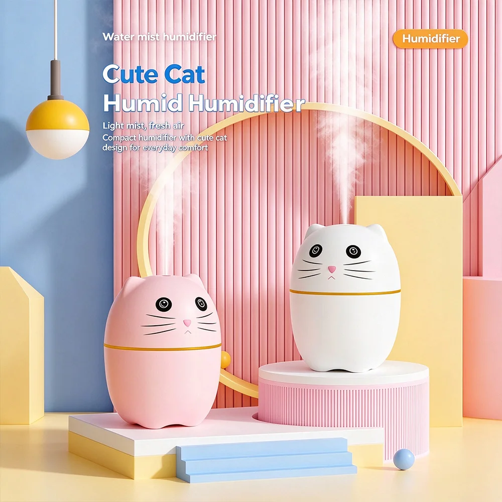 Cute cat humidifier, ultrasonic humidifier, RGB lamp, two spray modes, bedroom office car ultra quiet desktop spray machine