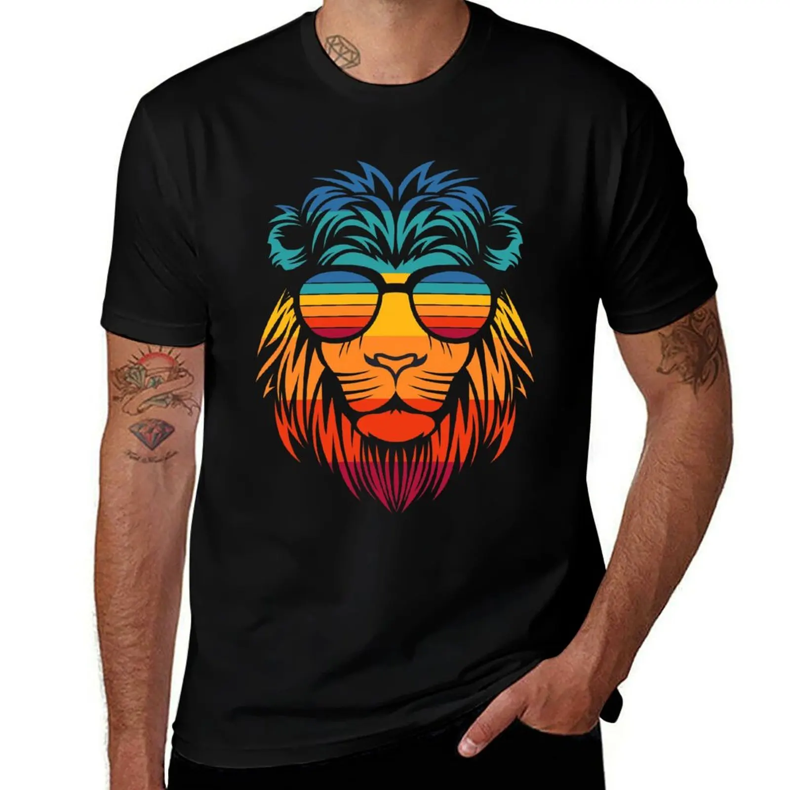 

Rainbow Lion With Glasses T-Shirt vintage graphic tee anime sublime t shirt men 100℅ cotton