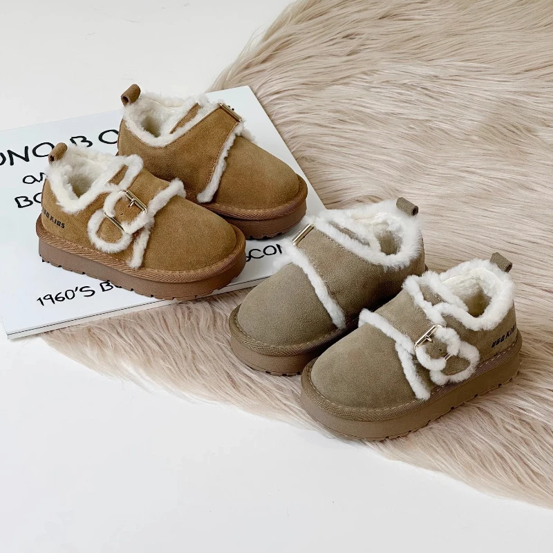 2024 Winter New Children Casual Chic Leather Shoes with Cotton for Girls Fashion Korean Style Soft Comfortable Versatile Shoes