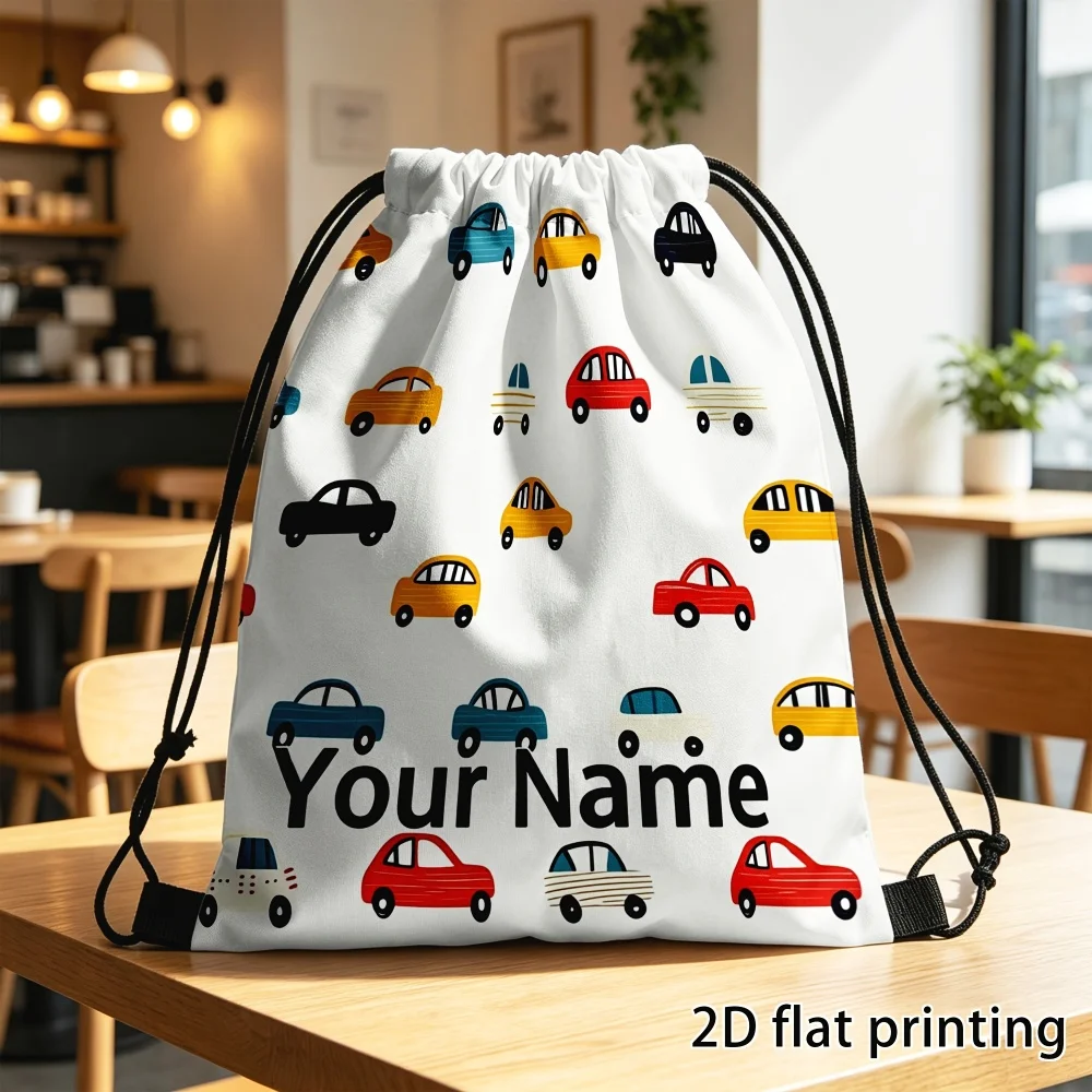 1Pc Custom Name/Text Cartoon Car Design Drawstring Backpack, Lightweight Sport Bags, Gym Storage Bag, Outdoor Travel Rucksack