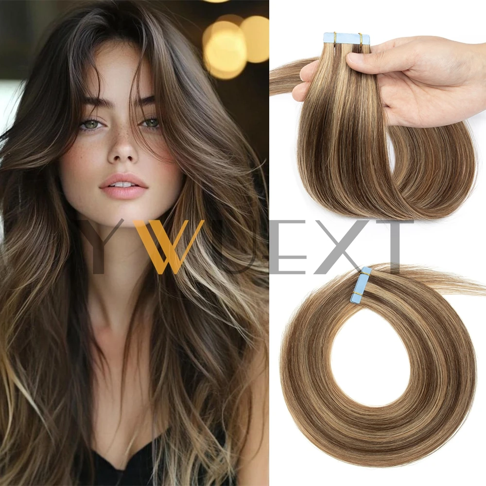 شريط شعر بشري حقيقي في ملحقات 12 ''-24'' شعر طبيعي مستقيم عالي الضوء بدون خياطة على شريط مزدوج الجوانب 20 قطعة 30 جرام/الحزمة