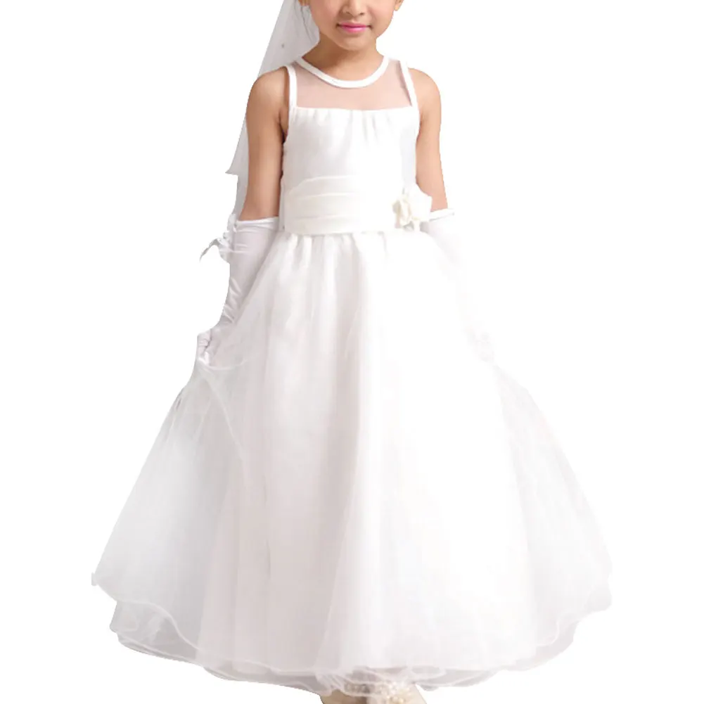 Girls White Dress Lace Mesh Princess Dresses for Party Wedding Flower Bow Belt Children\'s Party Clothes