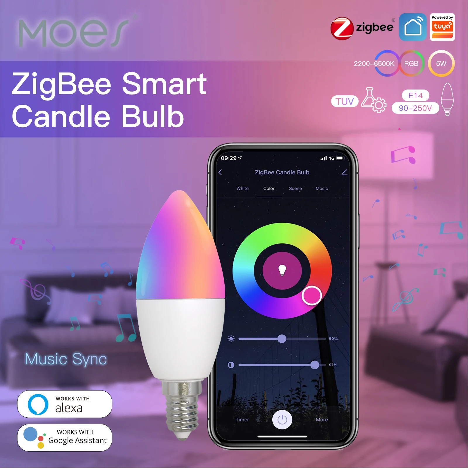 

Светодиодная лампа MOES Zigbee, умная лампа-свеча E14, 5 Вт, RGBCCT, 2200-6500K, регулируемая яркость, функция голосового управления Google