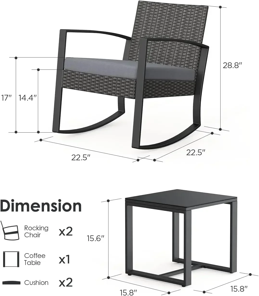 3 Piece Wicker Patio Furniture Set, Outdoor Rocking Chairs, Outdoor Furniture with Table & Cushions, Patio Chairs Balcony Porch