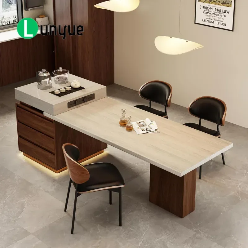 Travertine Rock Slab Island Dining Table Retractable Modern Simple Tea Table for Small Apartment Multi Function Household