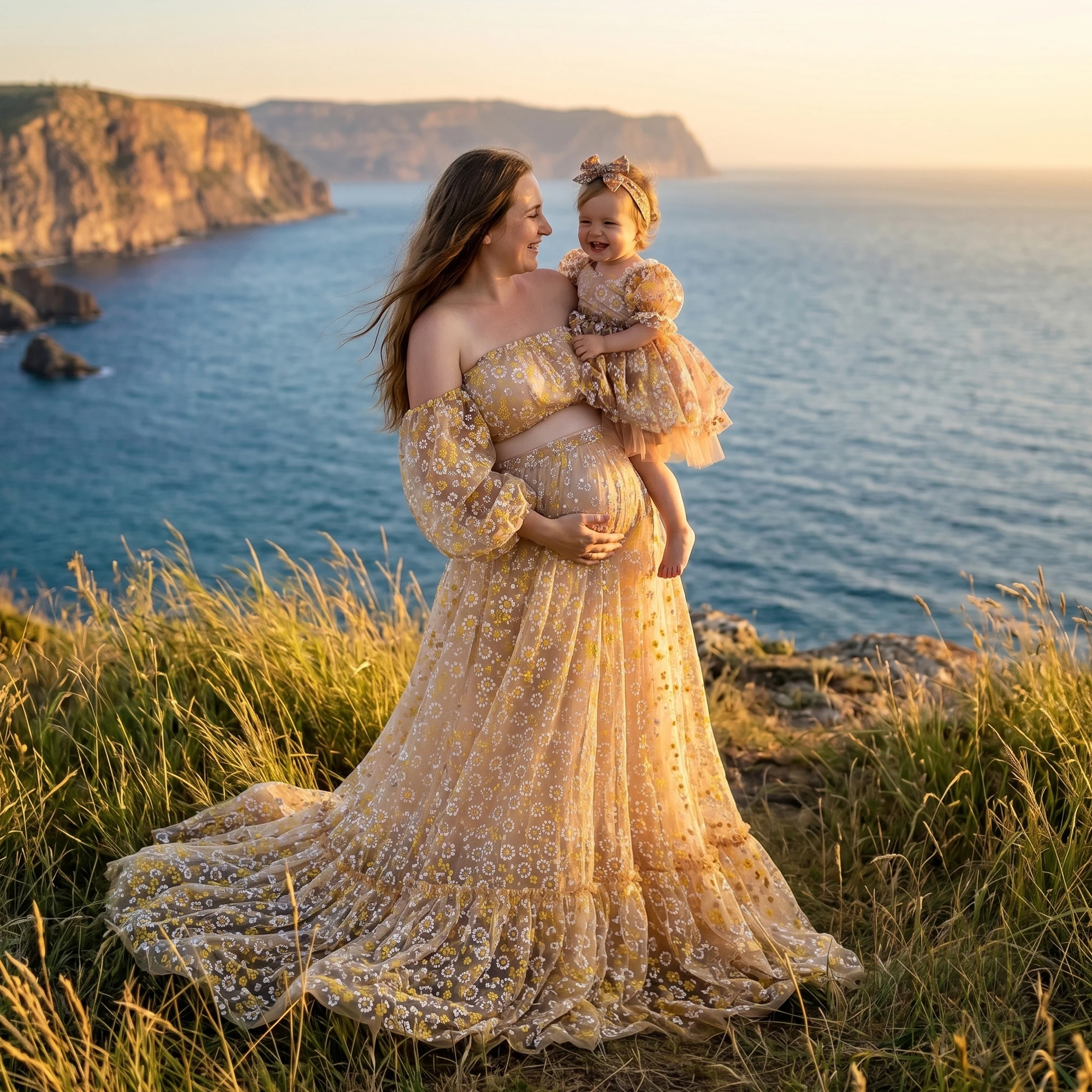 Don&Judy Mother and Kids' Tiered Dress Off-Shoulder Floral Print with Puff Sleeve Gown with Train for Baby Shower Pregnancy