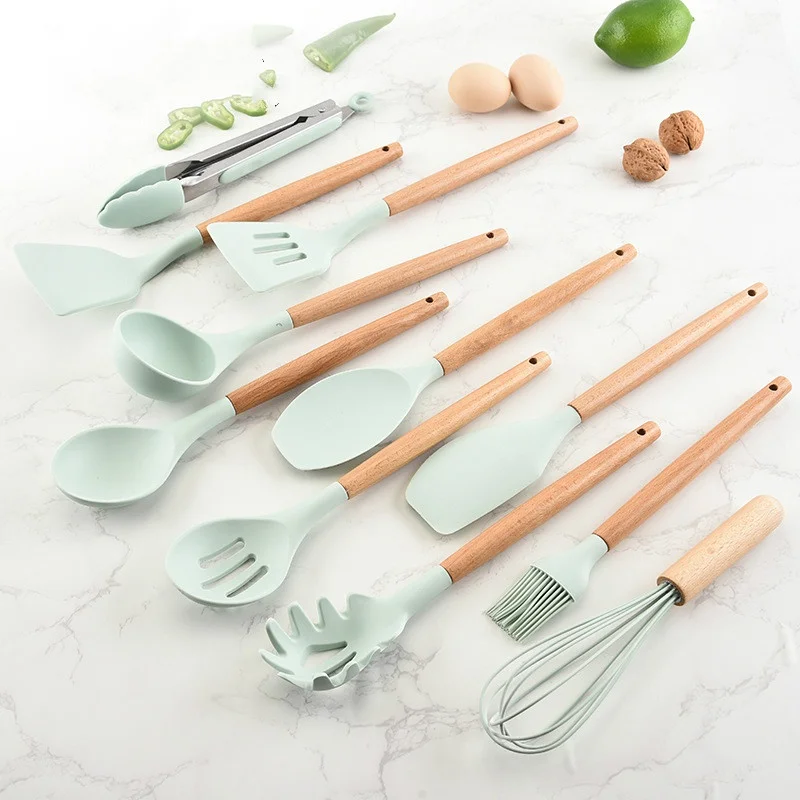 2026 New Wooden Handle Silicone Kitchenware 12 Pieces Non Stick Spatula Spoon Set Household Cooking Utensils Accessories