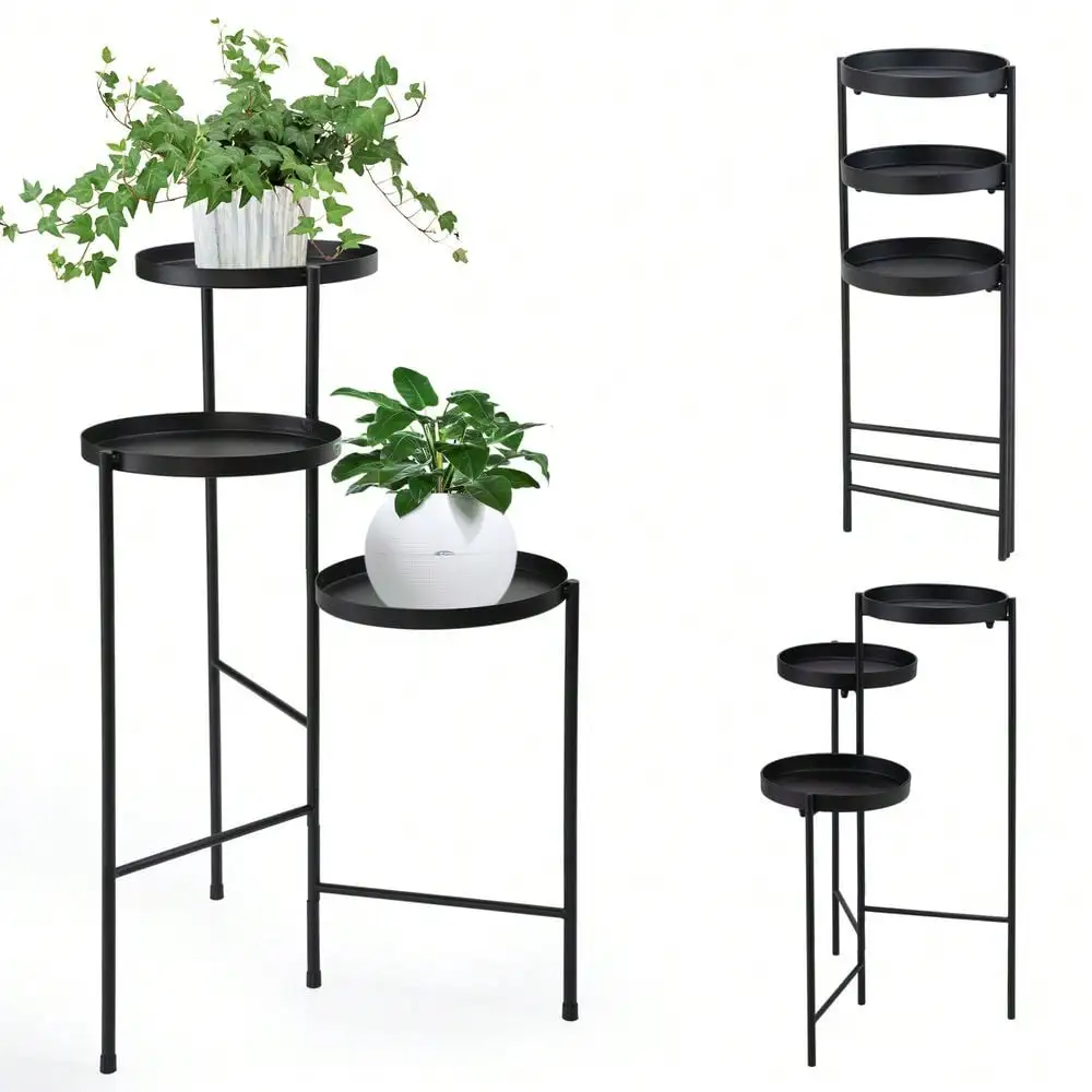 3 Tier Foldable Plant Stand Plant Holder w/ Trays Balcony Garden Yard Home Decor