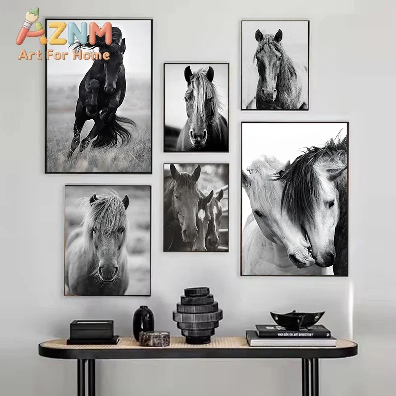 Black and White Horse Portrait Poster Print Horses Running Animal Canvas Painting Wall Art Picture for Farmhouse Room Home Decor