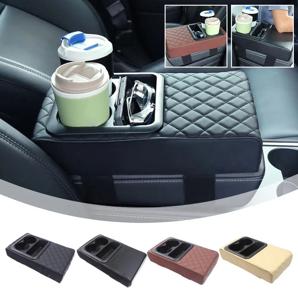 Car Center Console Armrest Cushion With Cup Holder Leather Pad Armrest Pad Abs Car Amrest Pu Height Cover Pillow Portable J2o0