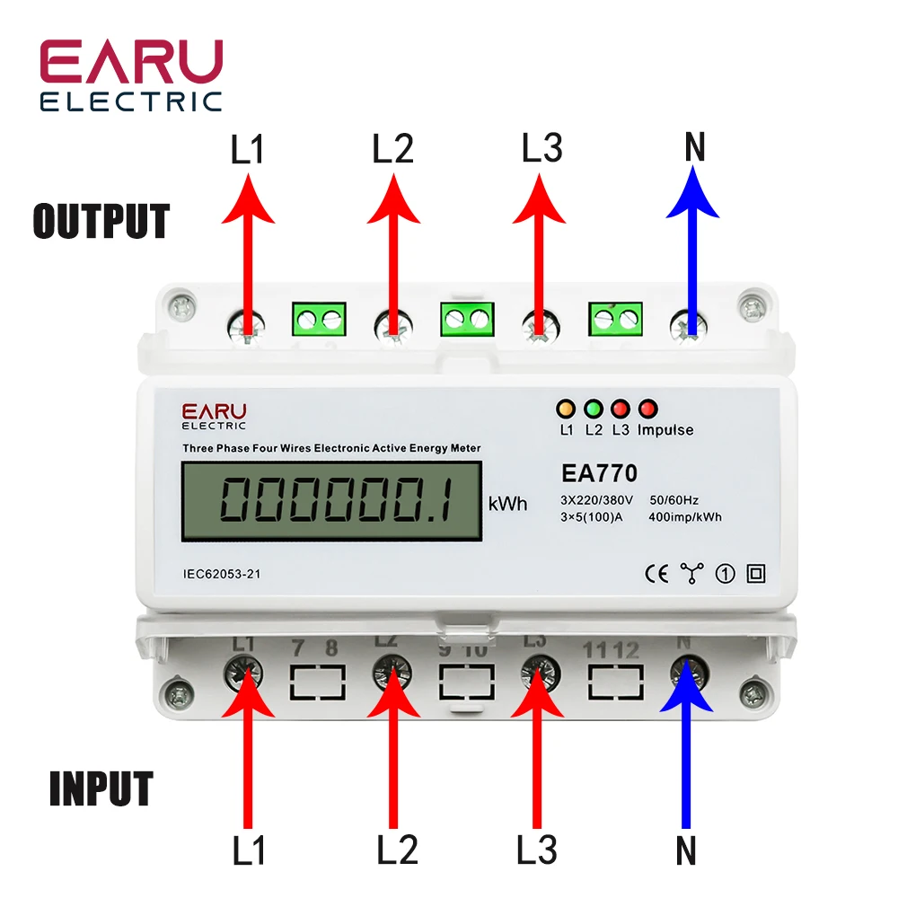 Three Phase Four Wires Eelectronic Active Energy Meter kWh Power Consumption Monitor DIN Rail 50/60Hz 3*5(100)A 3*220V/380V