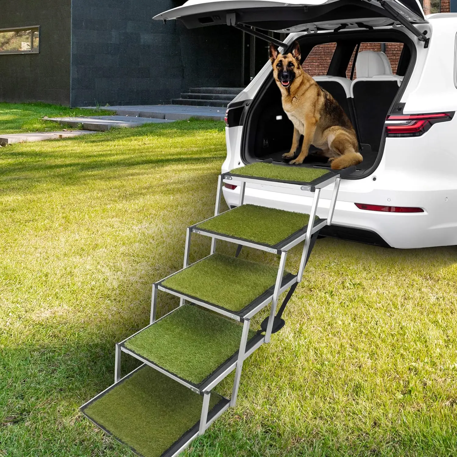 Extra Wide Grass Aluminum Folding Dog Ramp for  Dogs Portable Dog Car Step Dog Stair with Nonslip Surface Foldable Pet Stair