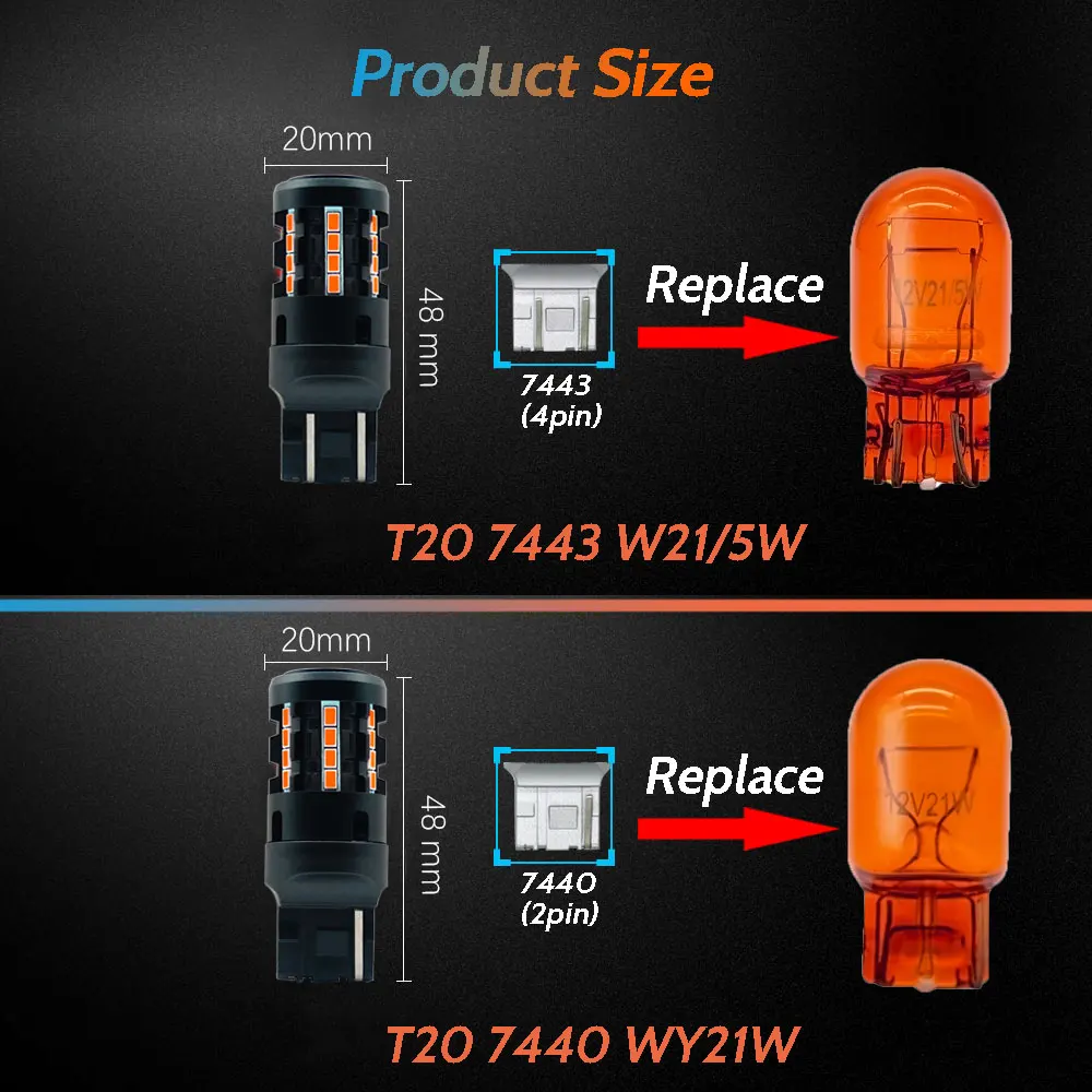 T20 7440 7443 LED Turn Signal Light Bulbs Amber Yellow 7441 7444NA