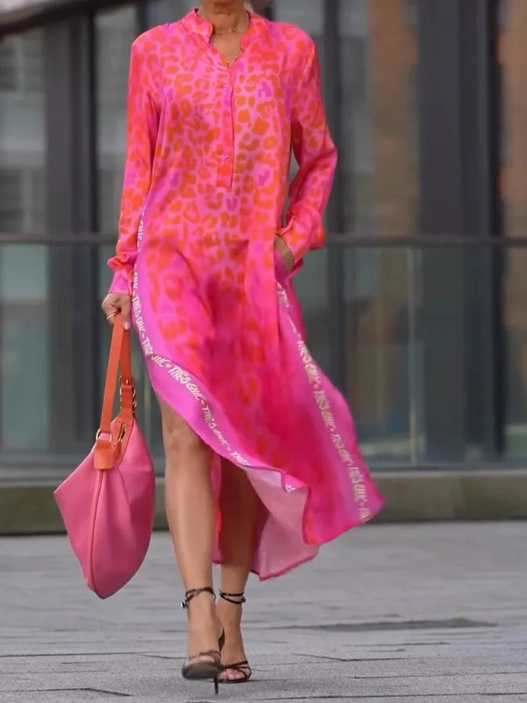 

Leopard Print Summer New Print Long Sleeved Long Dress Sexy V-neck Slit Pocket Button Loose Dress Women's Clothing