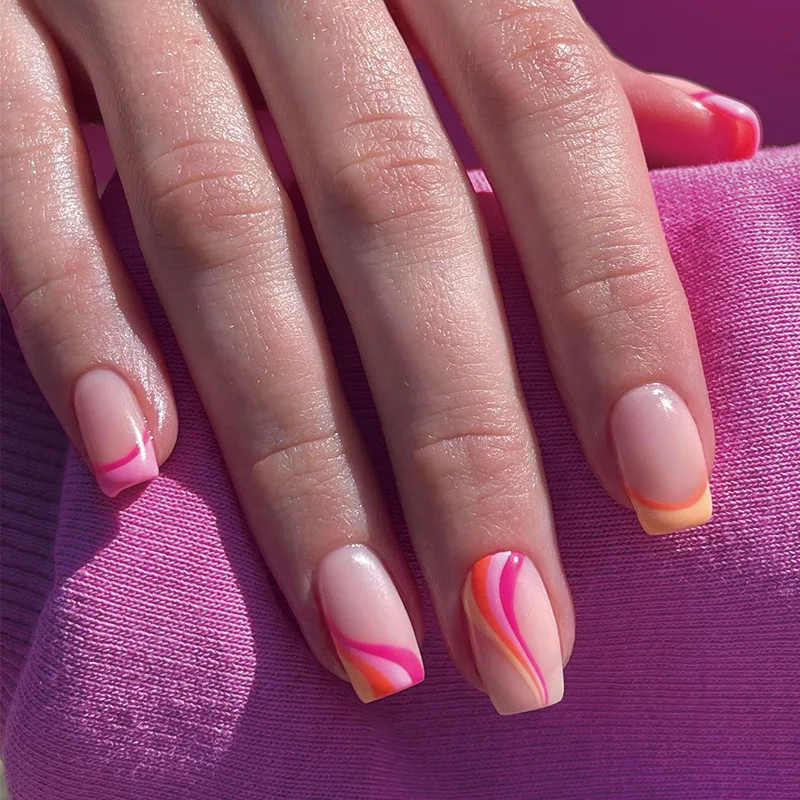 

24Pcs rectangular False Nail French orange pink border with four-color waves Wearable Manicure Press ON Nails Solid