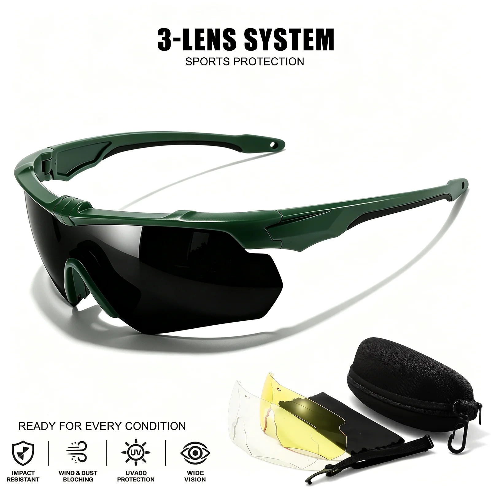 3-Linsen-Sport-Schutzbrille, UV400 Stoßfeste Winddichte Brille für Radfahren, Motorradfahren, Jagd & Outdoor-Sport – Detail 9
