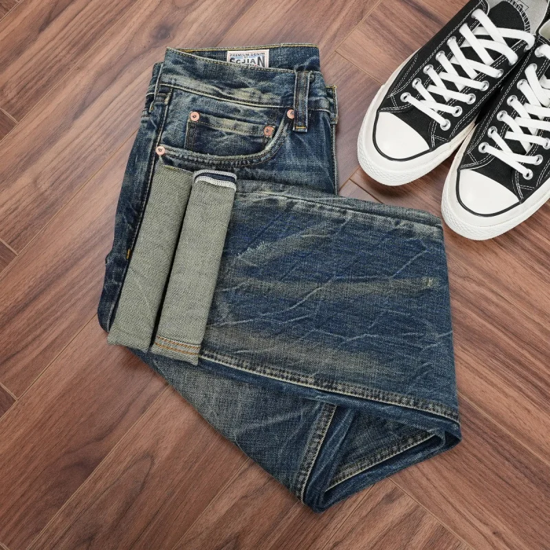 New autumn men's heavy-duty washed jeans, vintage blue, non-stretch, slim straight-leg pants, popular men's trousers