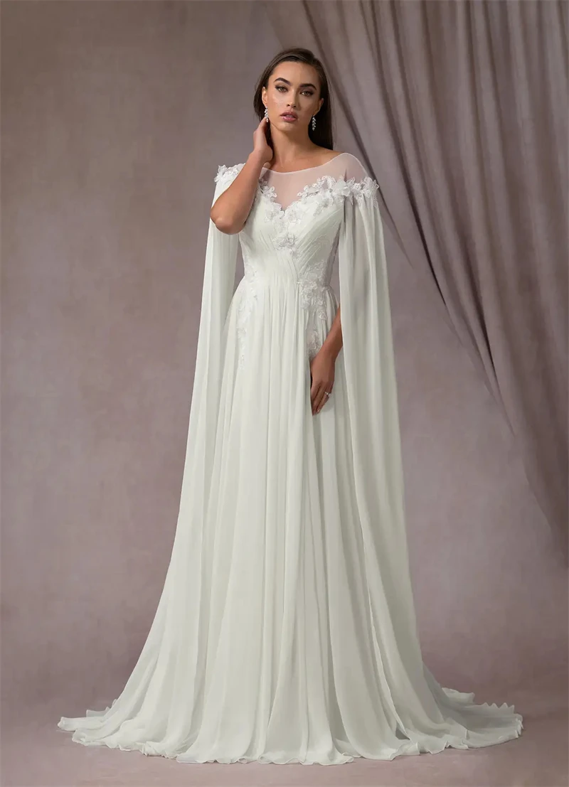 

Bohemian Chiffon Long Wedding Dress Open Back Cape Sleeves Ivory Fantasy Beach Bridal Gowns Lace Appliques Customized